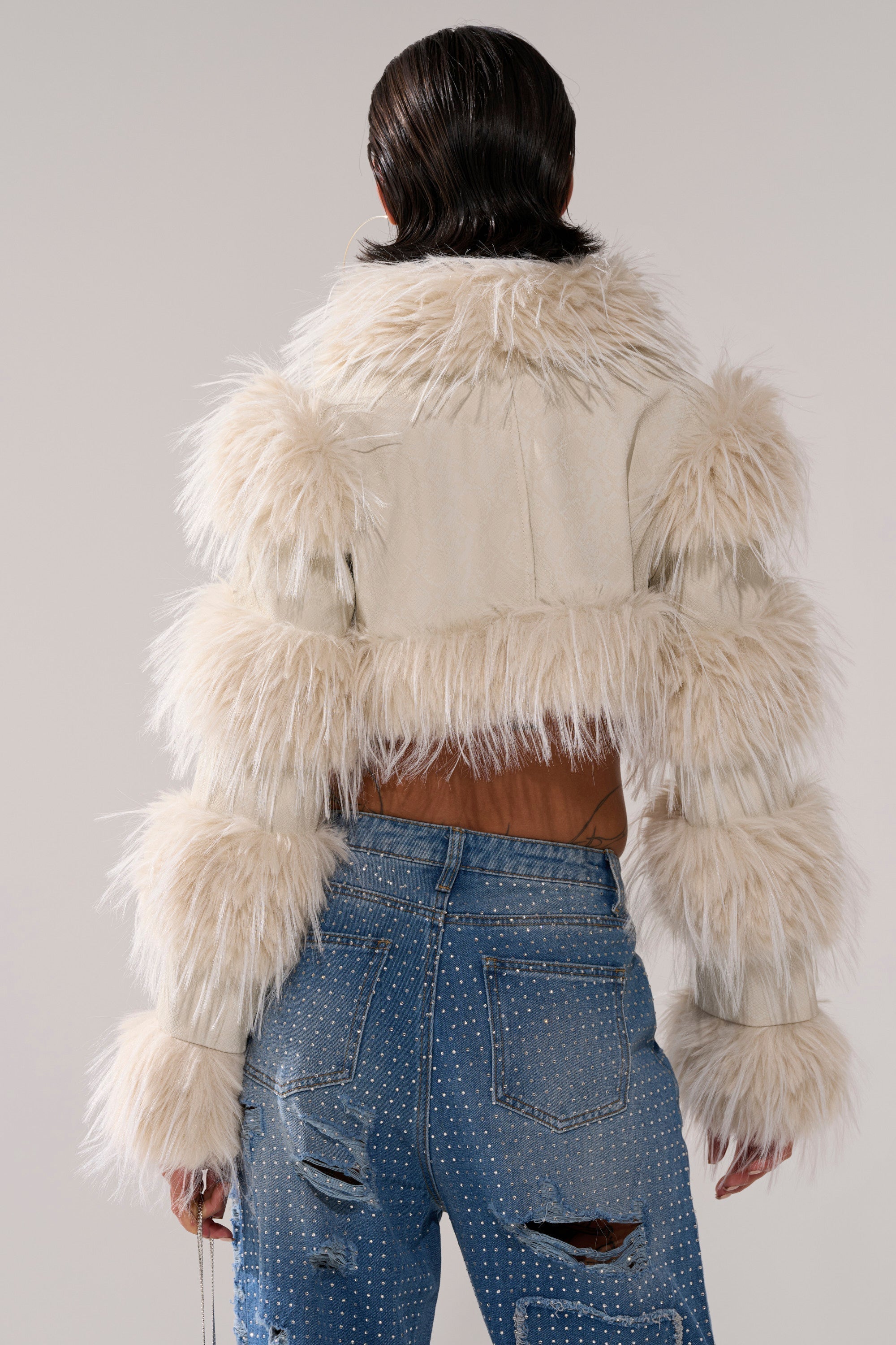 LOVERGIRL ULTRA CROP FUR TRIM MOTO IN IVORY