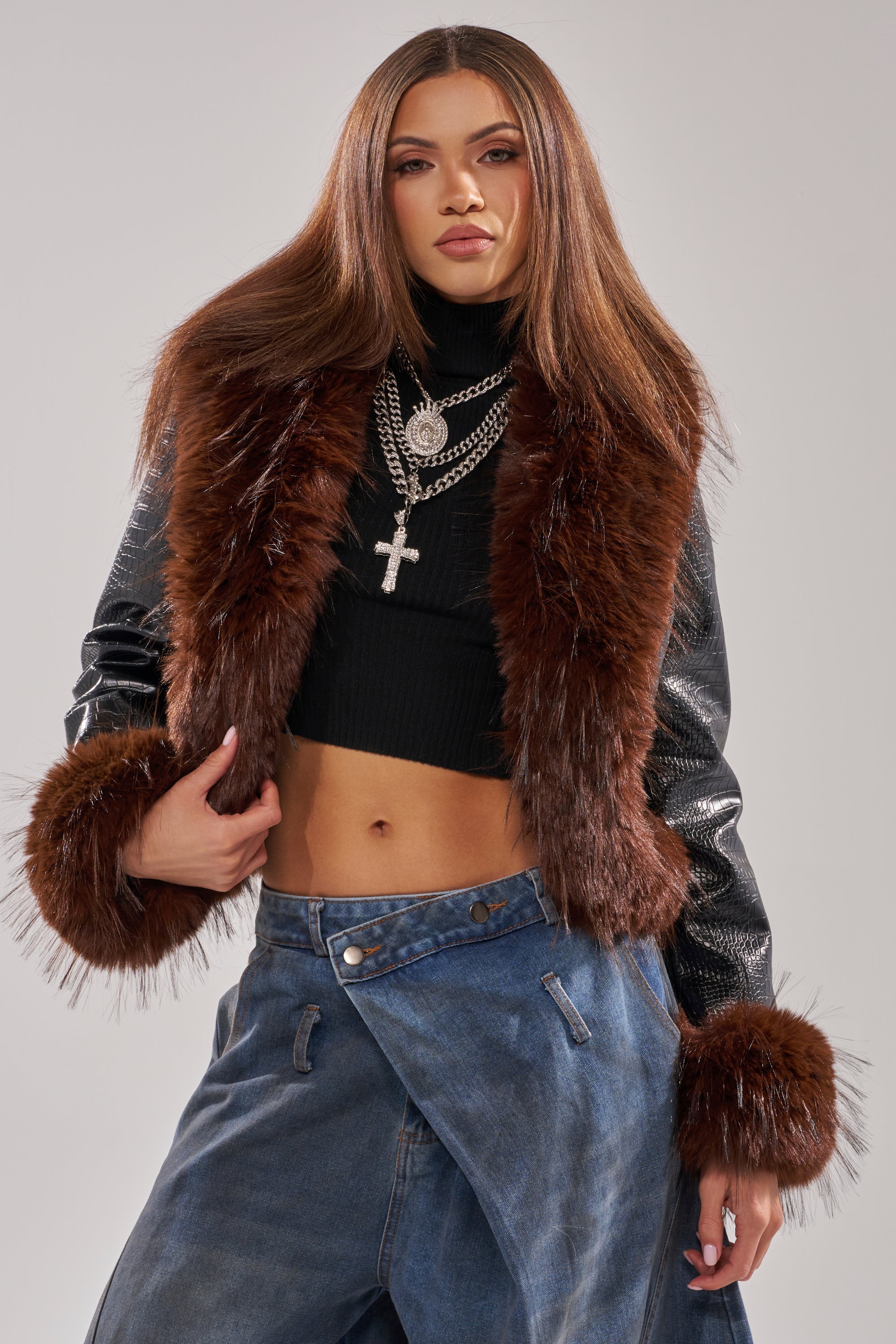 LUNNA FUR TRIM MOTO IN BLACK CROC