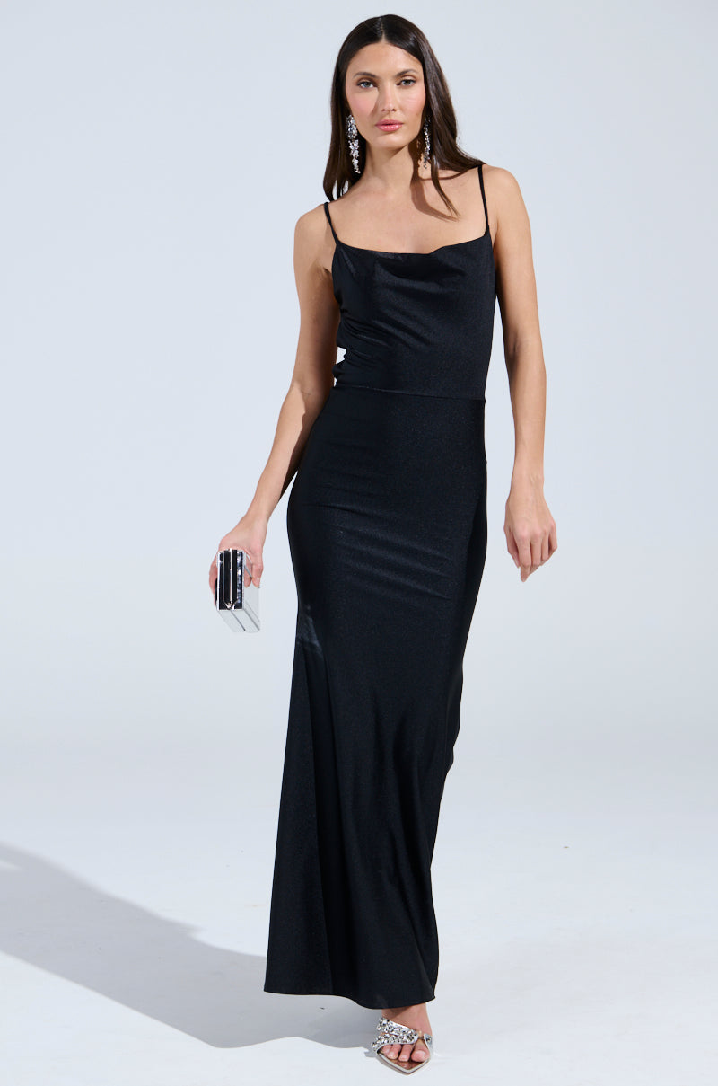 LADY OF THE NIGHT COWL NECK MAXI DRESS IN BLACK