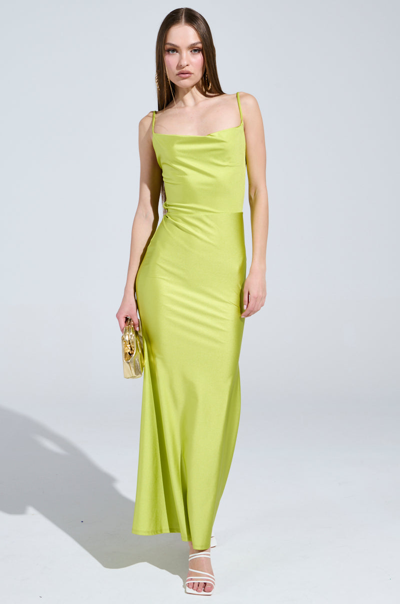 LADY OF THE NIGHT COWL NECK MAXI DRESS IN OLIVE