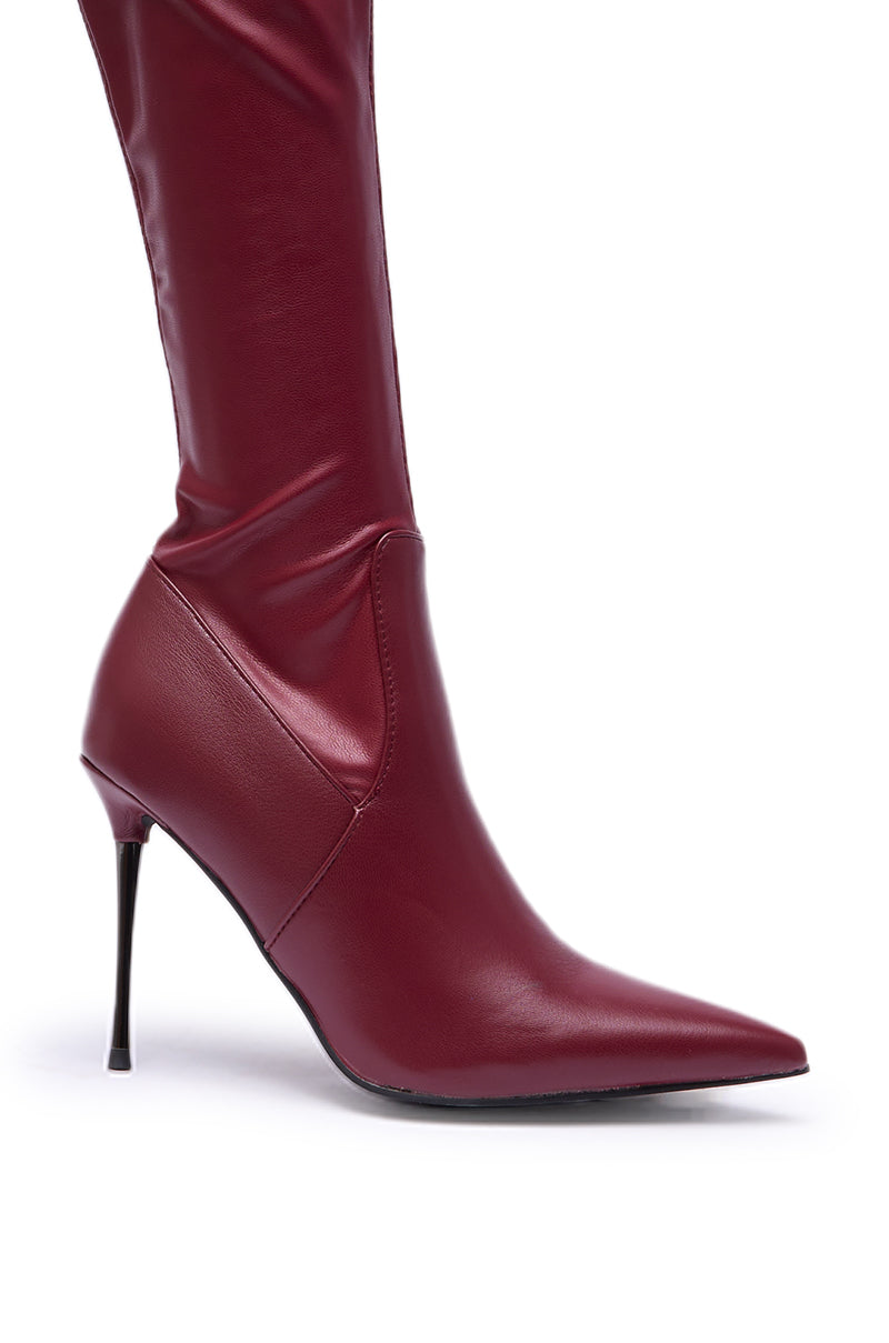AZALEA WANG MILANDRA BURGUNDY STRETCH PU THIGH HIGH BOOT