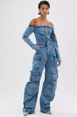 ARI LONG SLEEVE CARGO DENIM JUMPSUIT