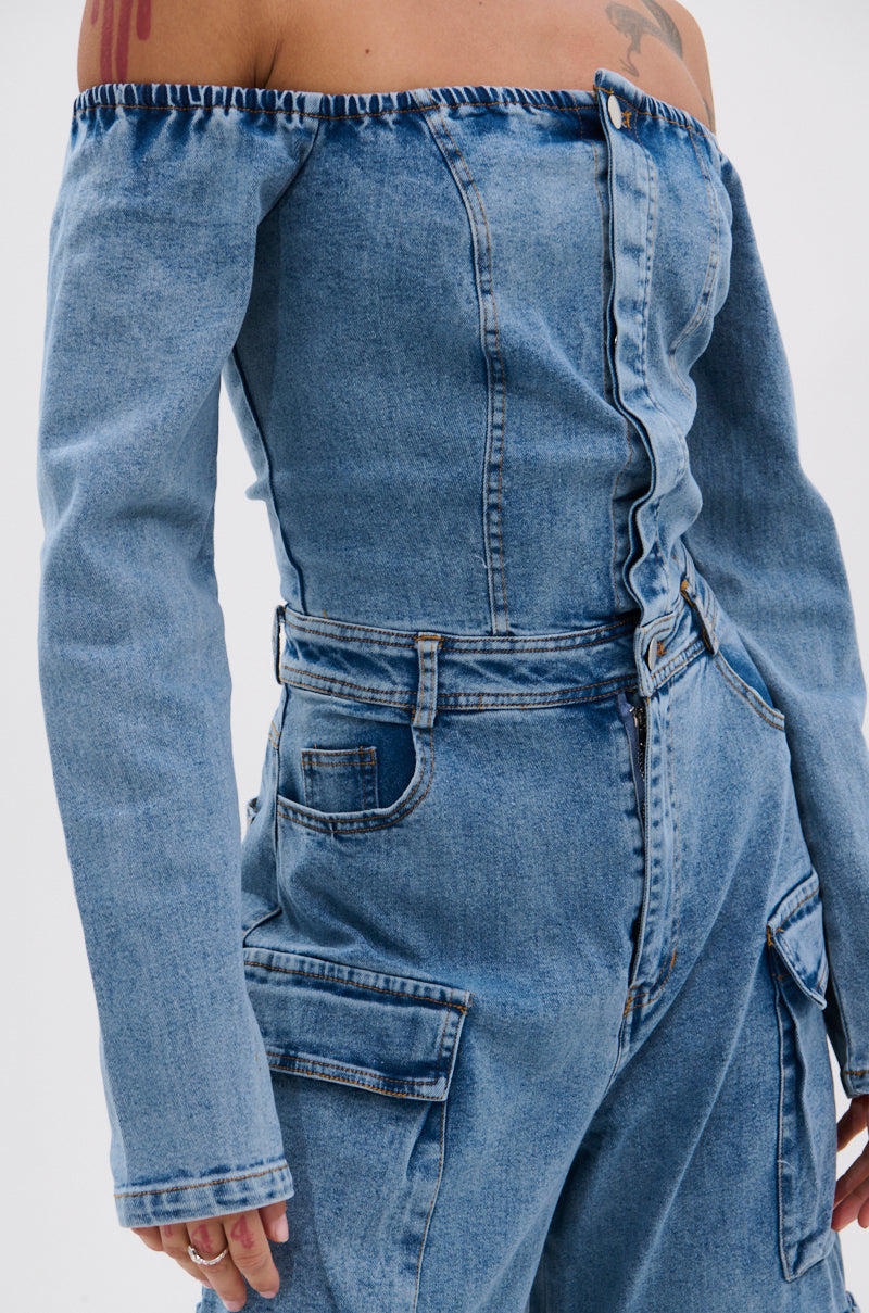 ARI LONG SLEEVE CARGO DENIM JUMPSUIT