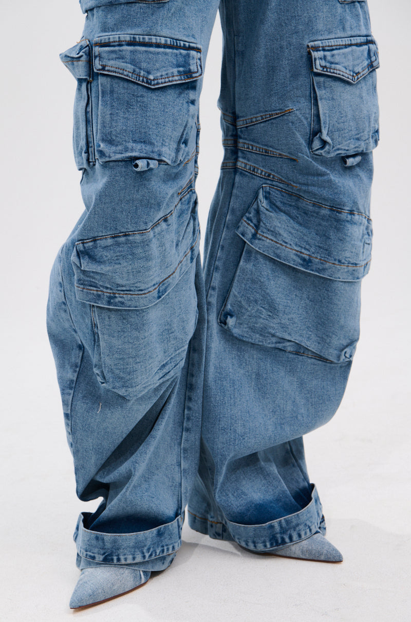 ARI LONG SLEEVE CARGO DENIM JUMPSUIT