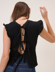Black Shirred Tie Back Top
