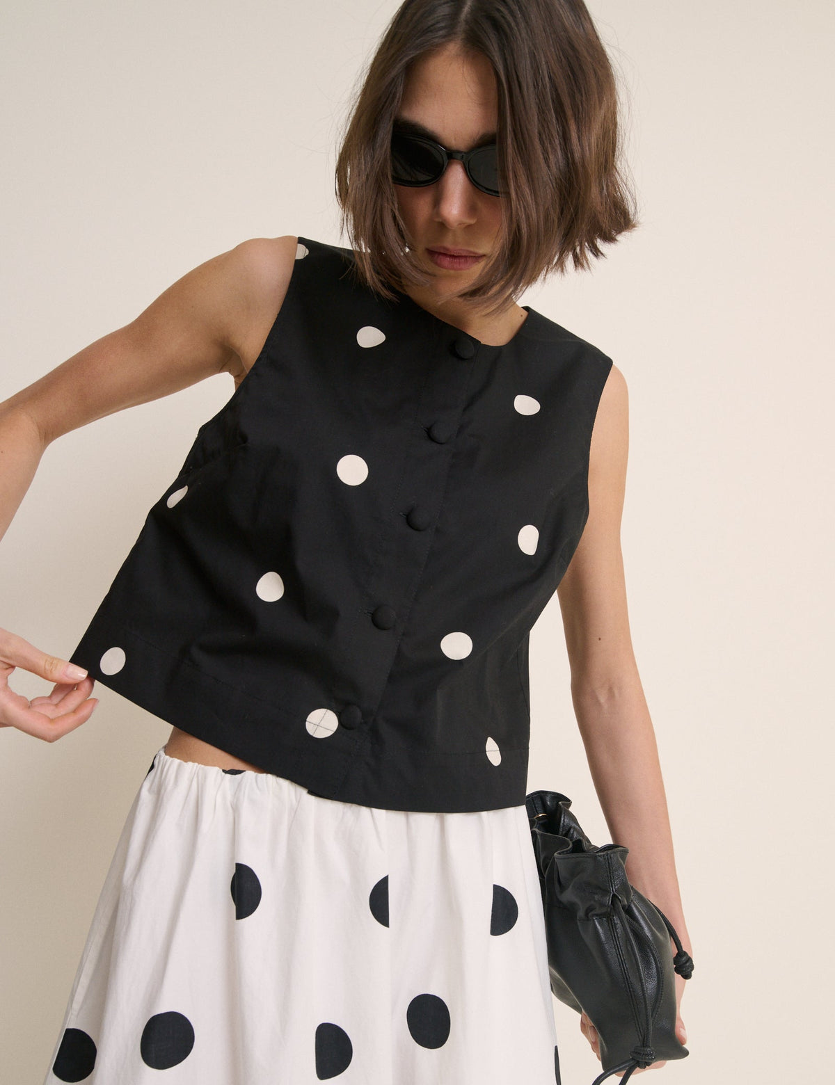 Black Polka Dot Button Front Top