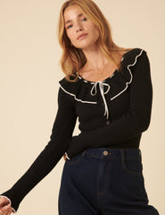 Black Ruffle Collar Ruffle Collar Knitted Top