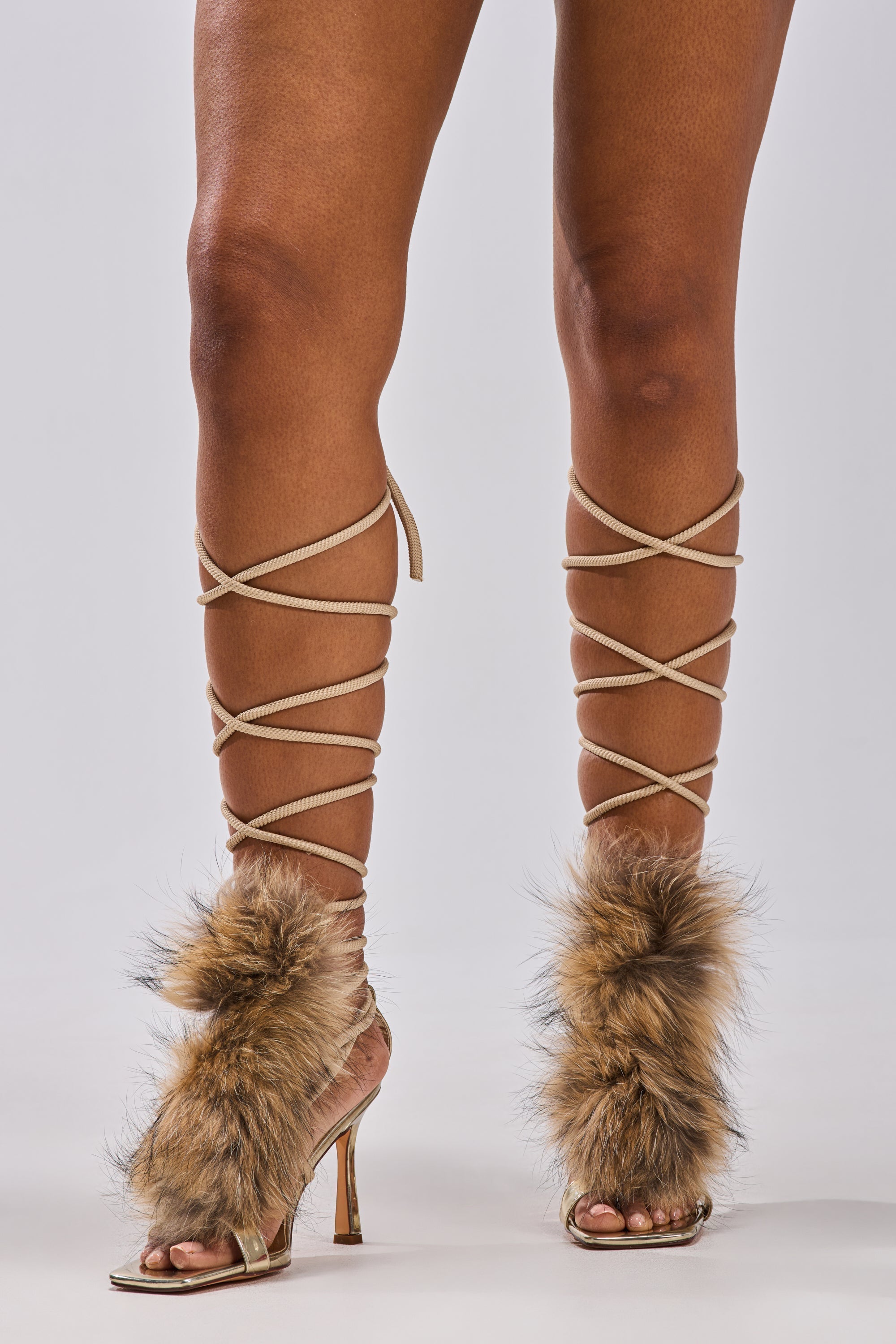 AZALEA WANG ORLA TAN FUR ROPE STILETTO SANDAL