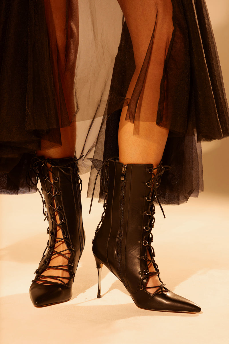 AZALEA WANG PONCIA BLACK LACE UP BLACK BOOTIE