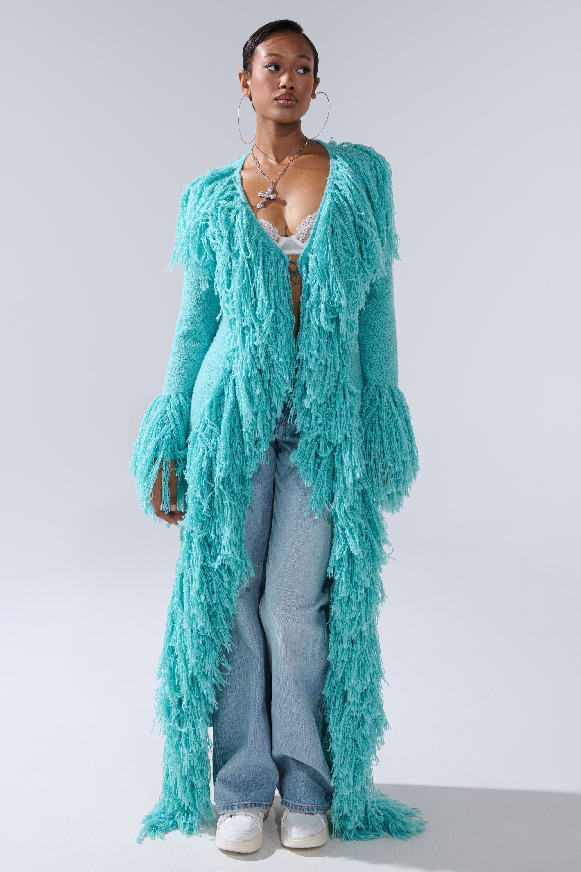 BURRR IT'S COLD OUTSIDE FRINGE OVERSIZED SWEATER IN TURQUOISE