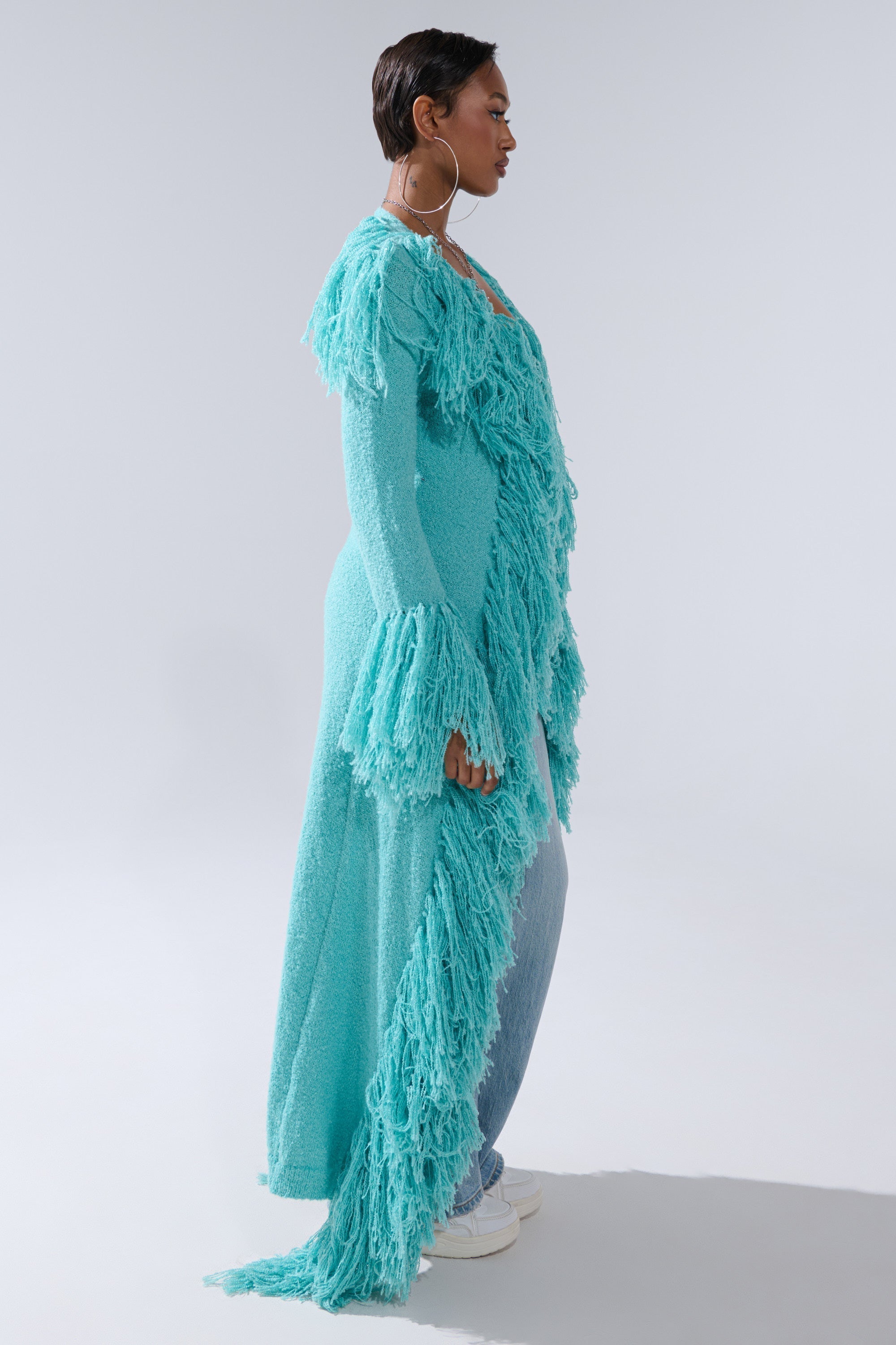 BURRR IT'S COLD OUTSIDE FRINGE OVERSIZED SWEATER IN TURQUOISE