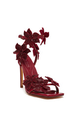 AZALEA WANG ROMI DARK CHERRY RHINESTONE FLORAL EMBELLISHED SANDAL
