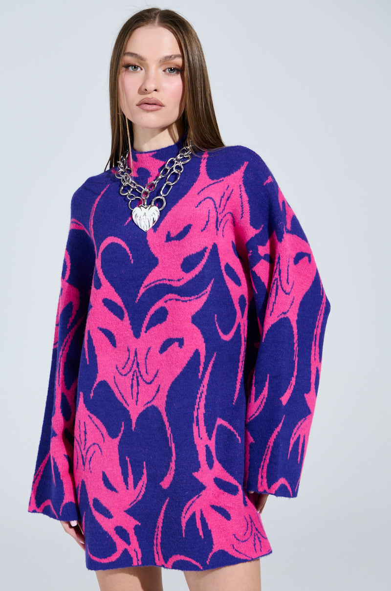 MUSHU GRAPHIC SWEATER DRESS IN BLUE AND PINK