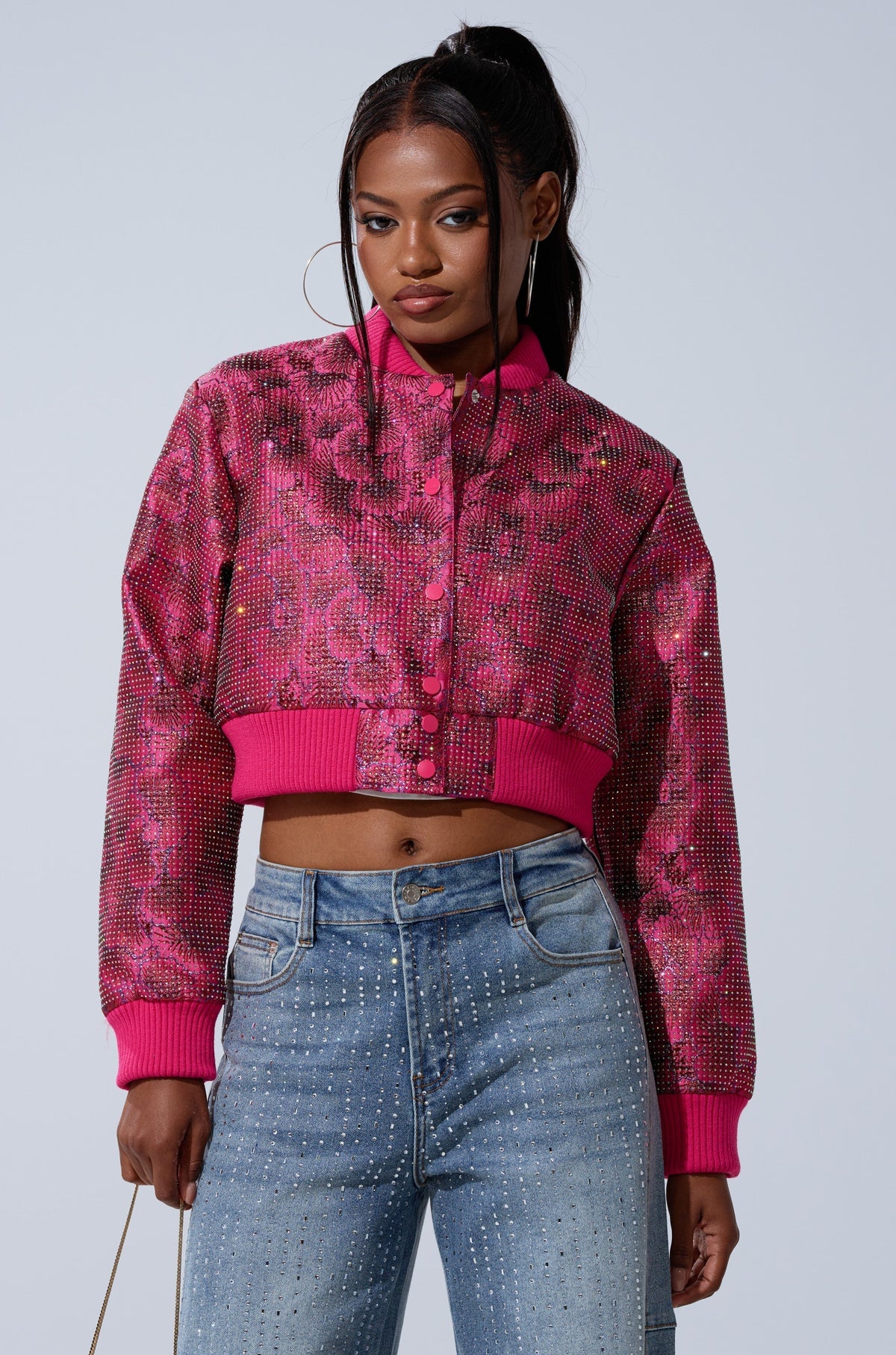 FLEUR RHINESTONE BROCADE BOMBER