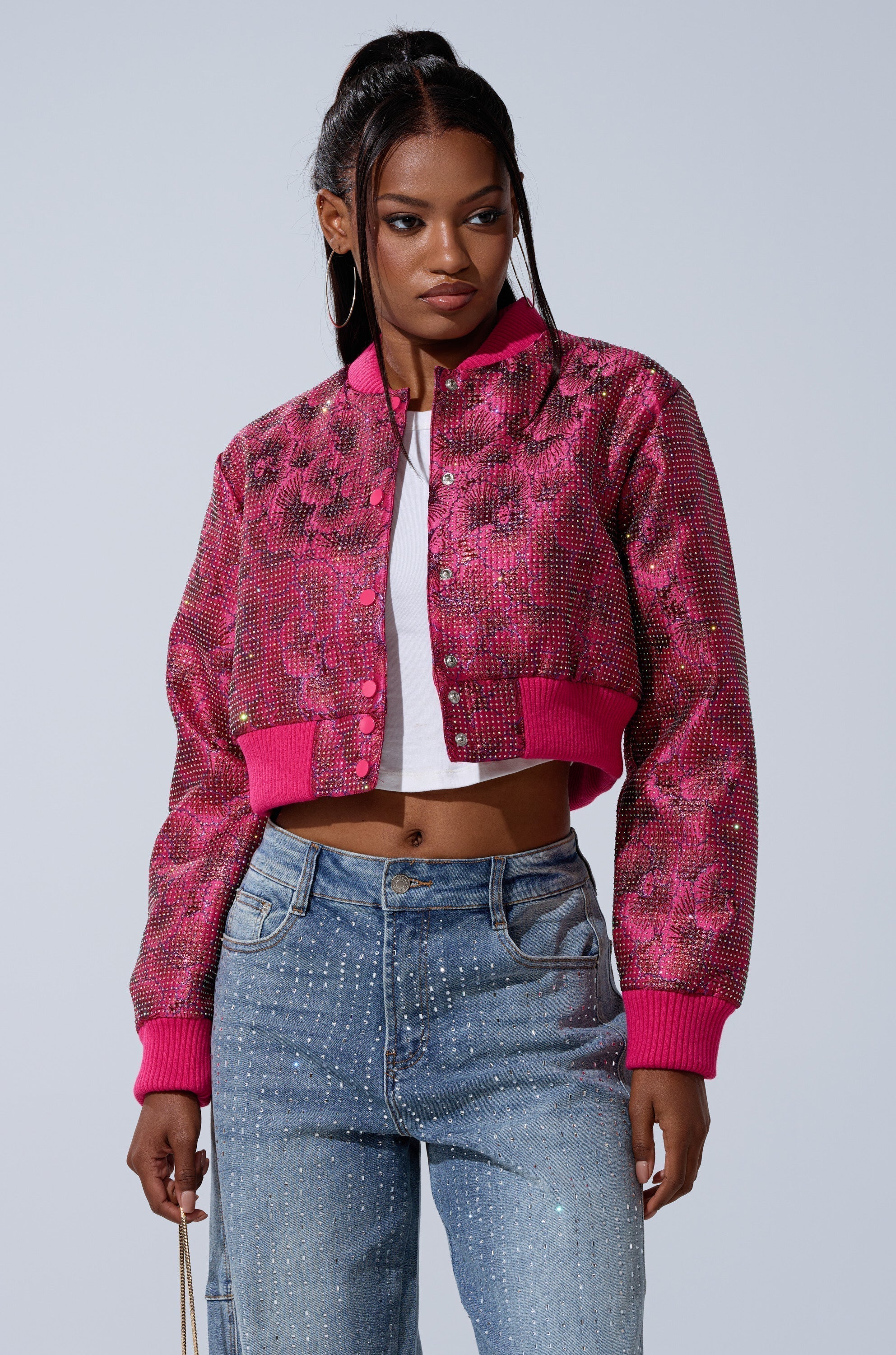 FLEUR RHINESTONE BROCADE BOMBER