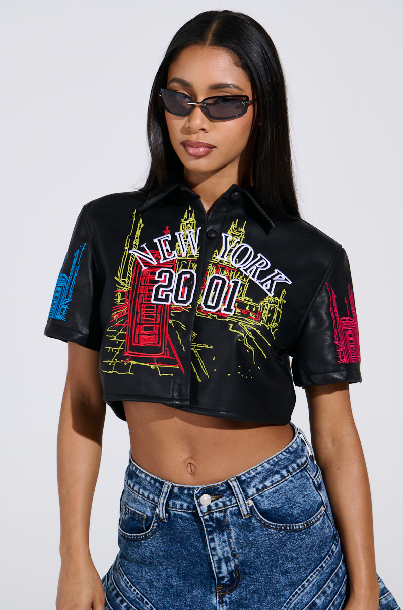 MAD CITY FAUX LEATHER SHORT SLEEVE BUTTON DOWN SHIRT