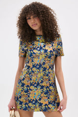 BLUE IS THE NEW BLACK BROCADE MINI DRESS