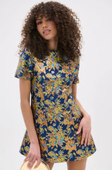 BLUE IS THE NEW BLACK BROCADE MINI DRESS