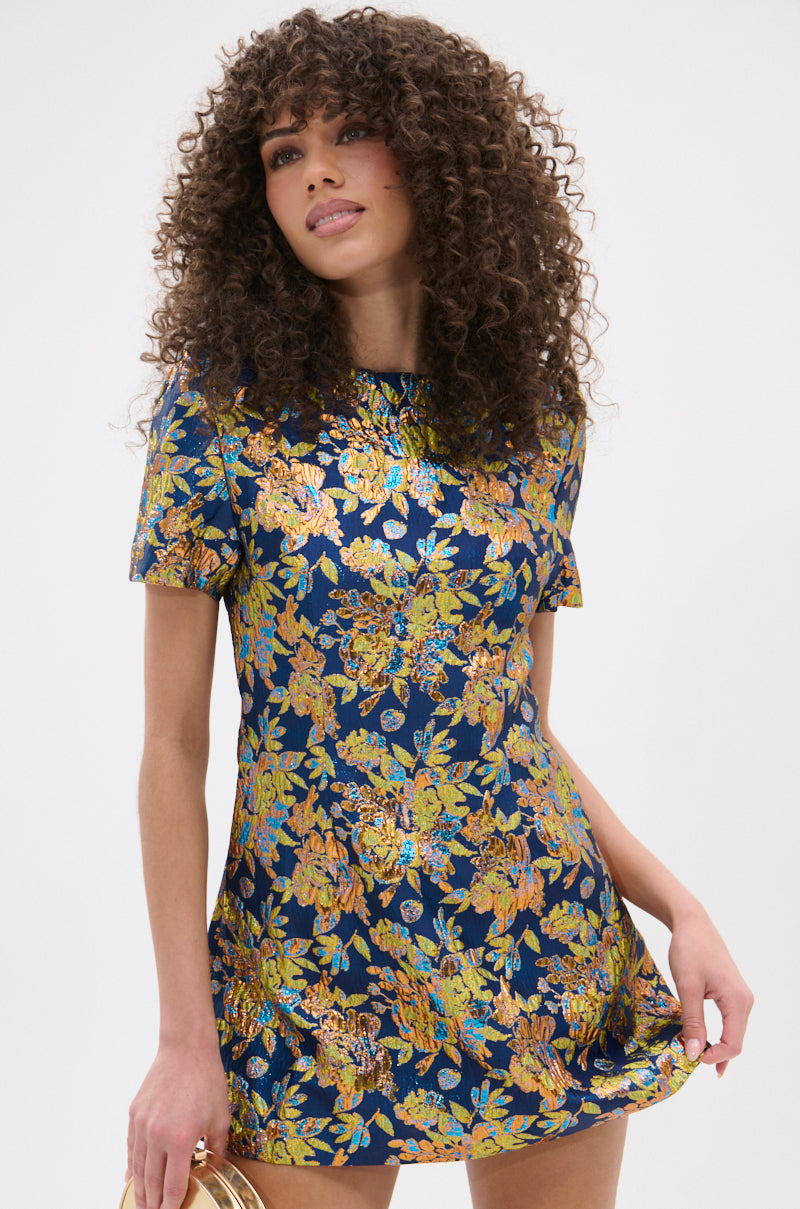 BLUE IS THE NEW BLACK BROCADE MINI DRESS
