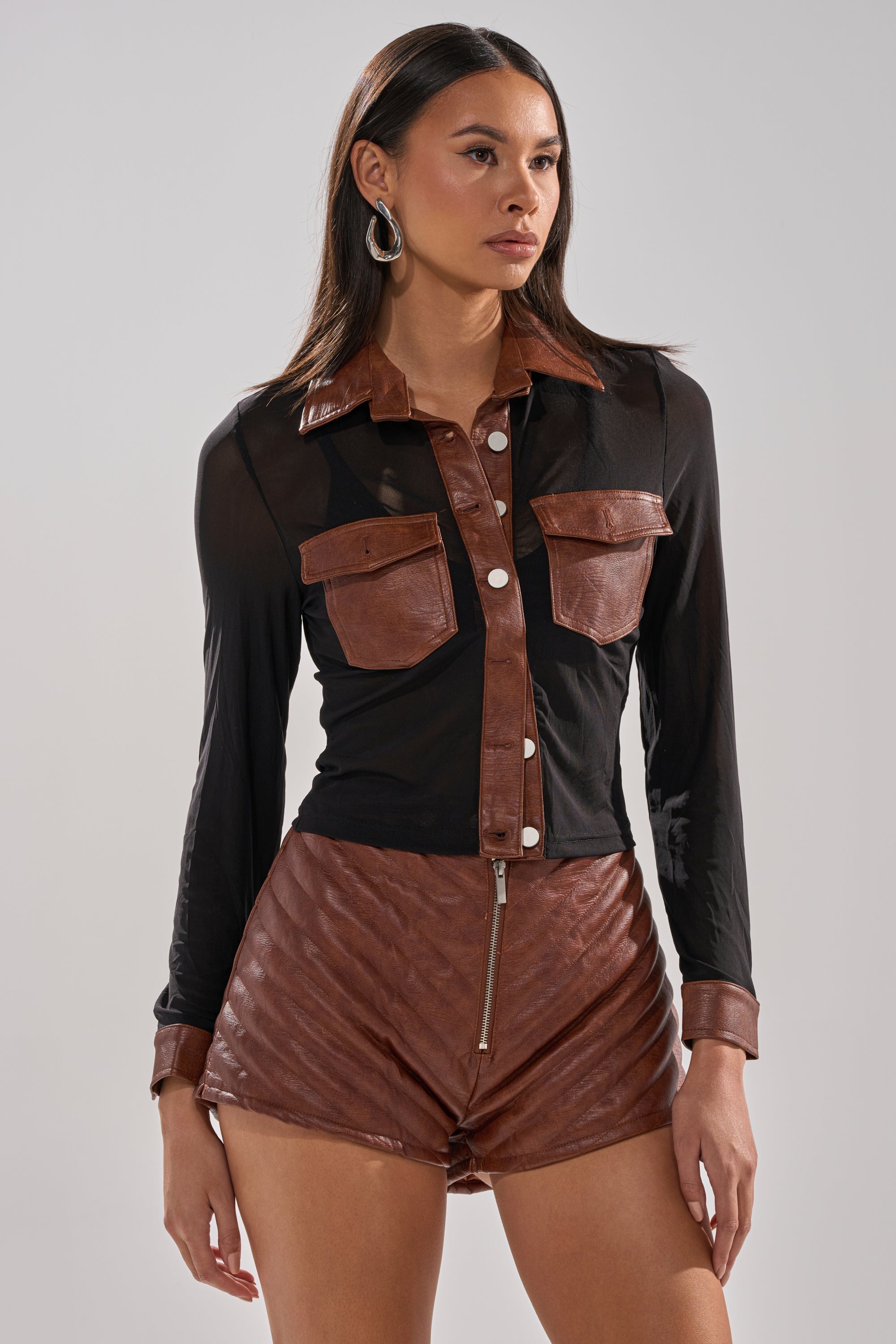 GALAXY MESH BUTTON DOWN WITH FAUX LEATHER TRIM