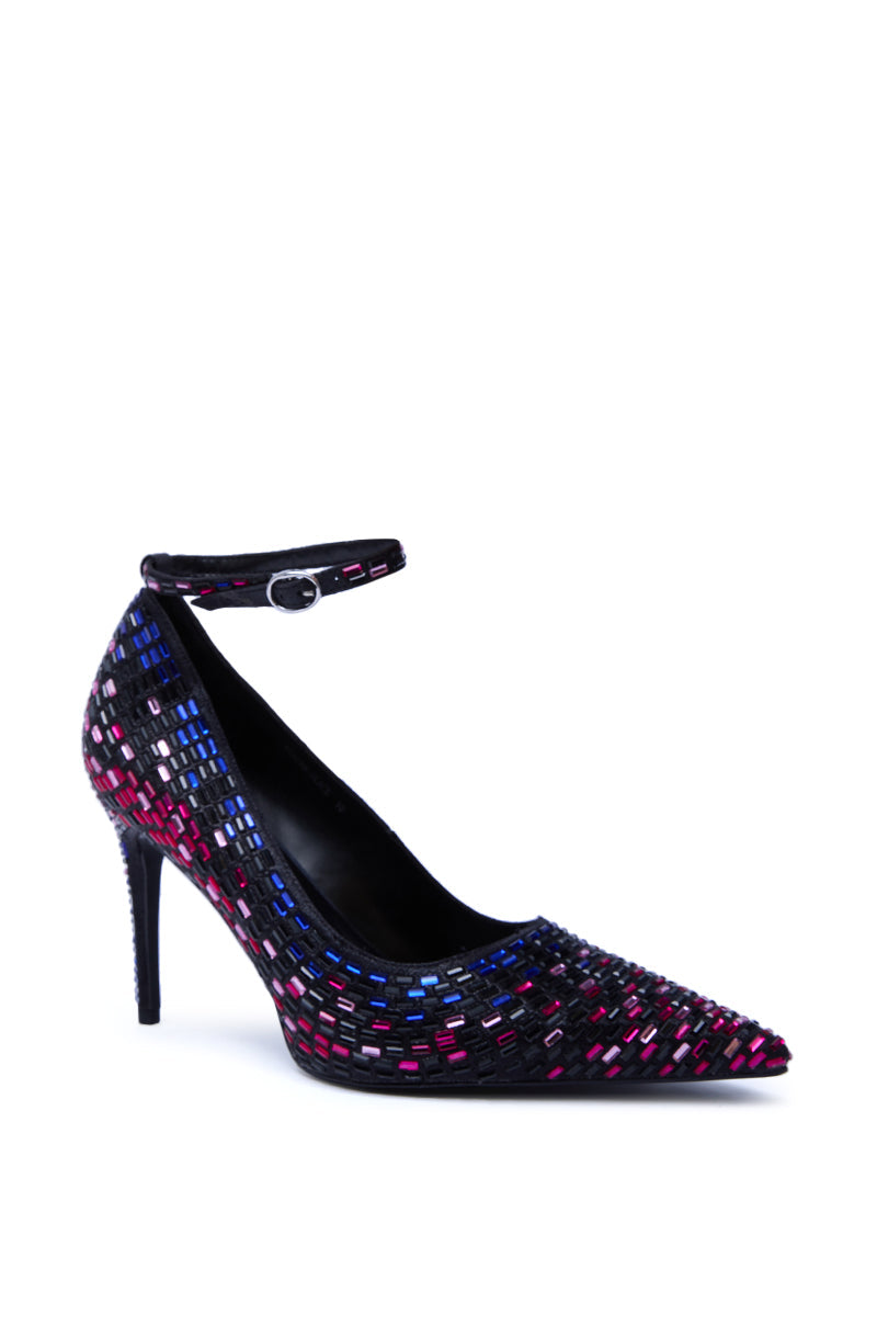 AZALEA WANG TEAGAN BLACK MULTI RHINESTONE STRAP PUMP