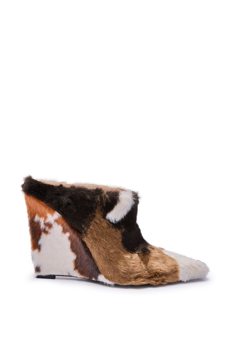 AZALEA WANG WAFIYA MULTI WEDGE COW PATTERN FURRY PUMP