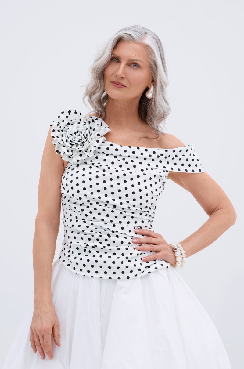 RUCHED POLKA DOT OFF THE SHOULDER TOP