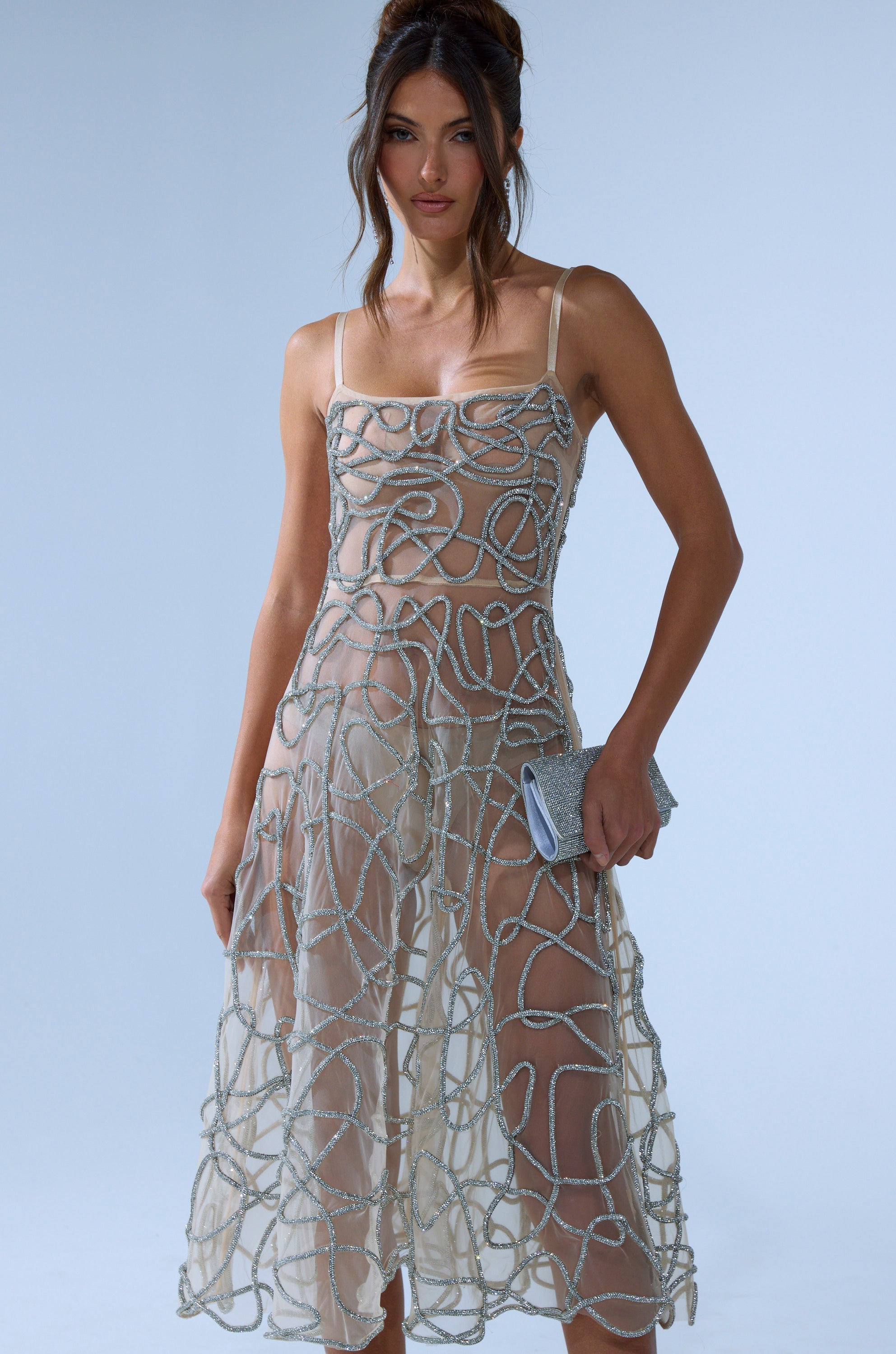 RIGHT THIS WAY RHINESTONE MIDI DRESS IN NUDE