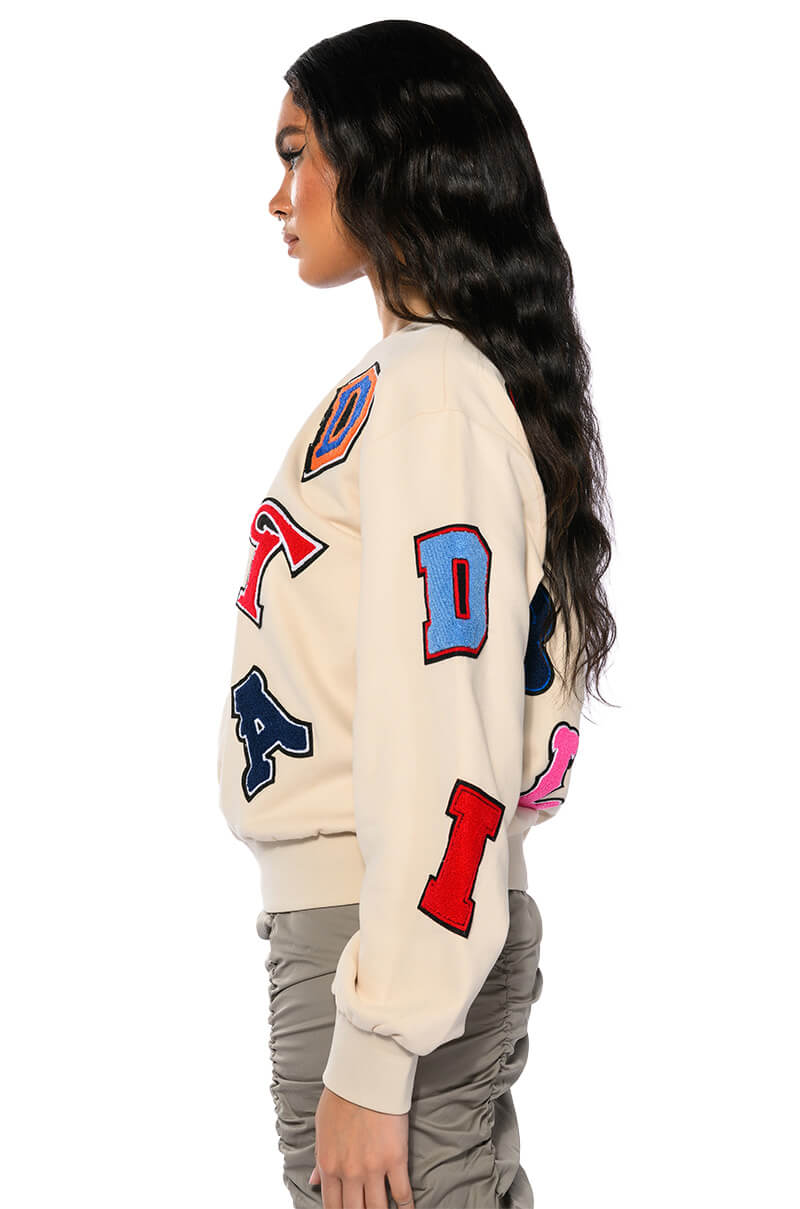 ABCDEFU PATCHWORK CREW NECK PULL OVER