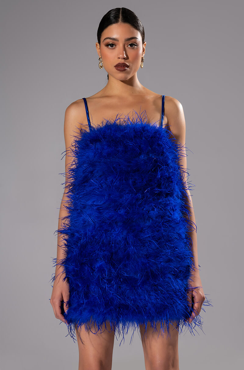 ANYTHING AND EVERYTHING STRAPLESS FEATHER MINI DRESS