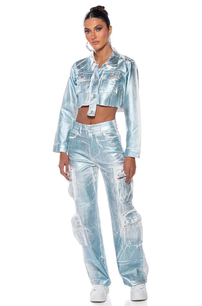 AUBREY BRUSHED METALLIC CROPPED DENIM JACKET