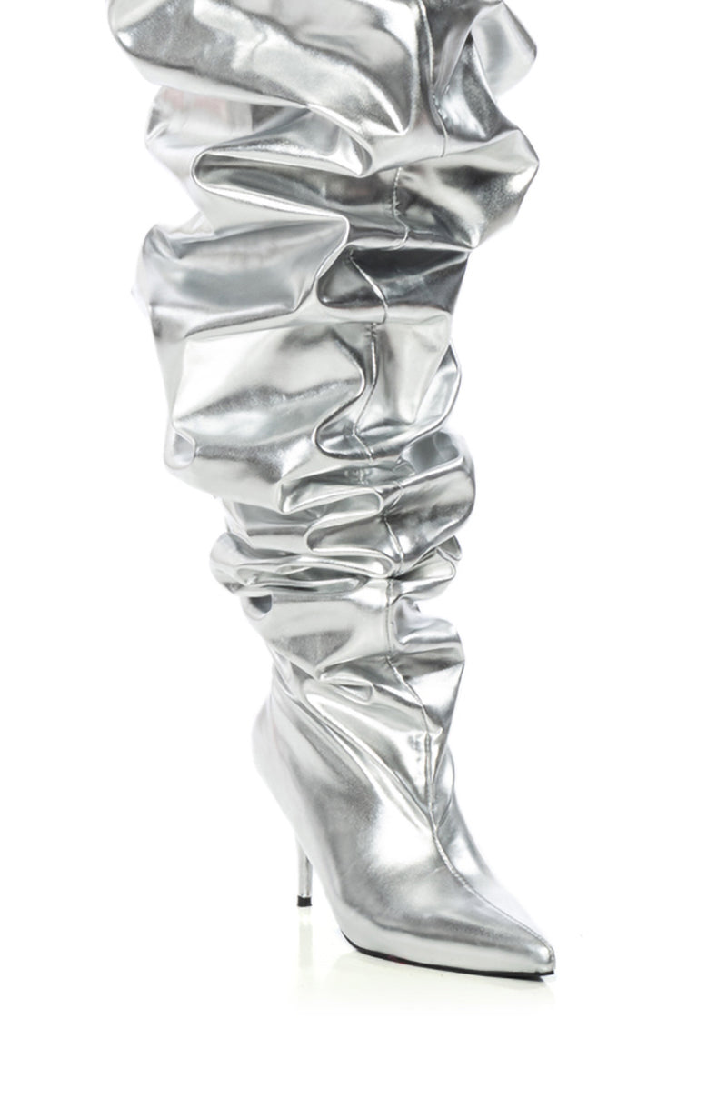 AZALEA WANG NEMY SILVER KITTEN HEEL THIGH HIGH BOOT