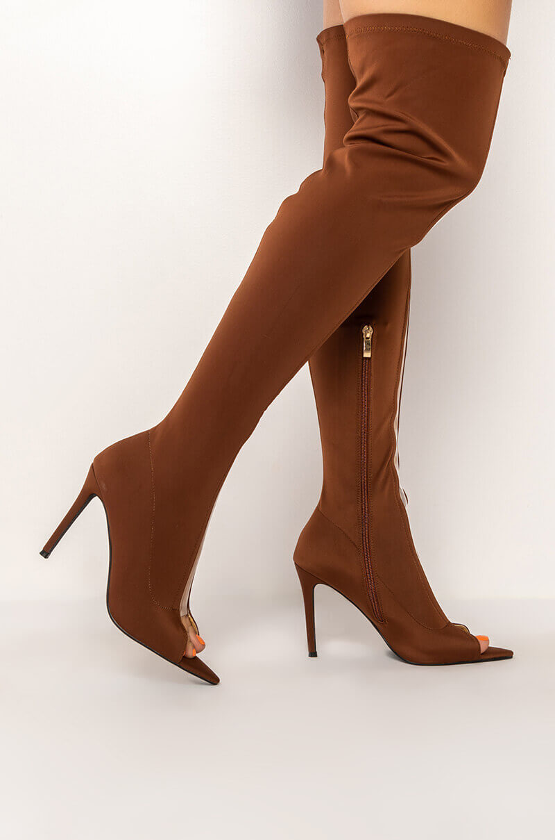 AZALEA WANG EMORY THIGH HIGH STILETTO BOOT IN BROWN STRETCH