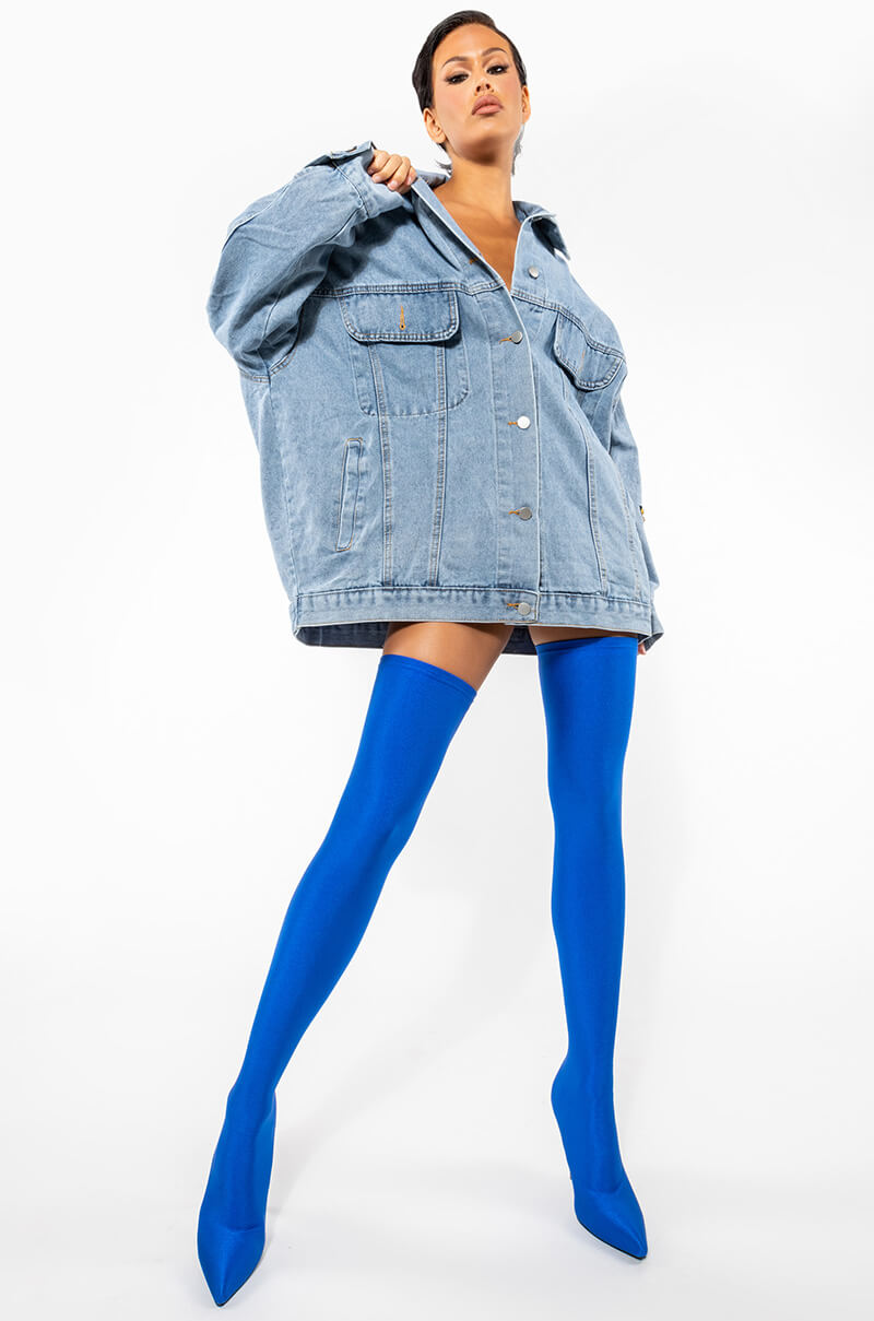AZALEA WANG HEARTOUT THIGH HIGH STILETTO BOOT IN BLUE STRETCH