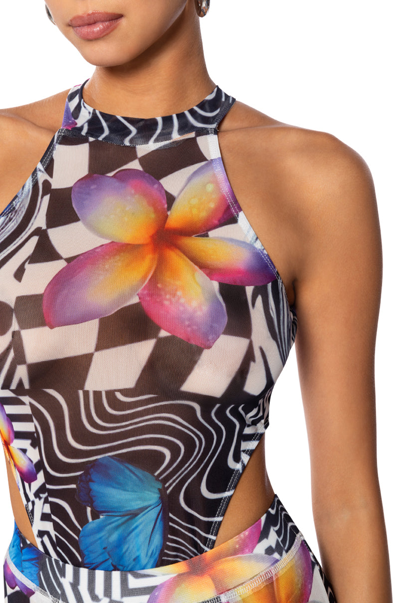BUTTERFLY TEARS MOCK NECK MESH BODYSUIT