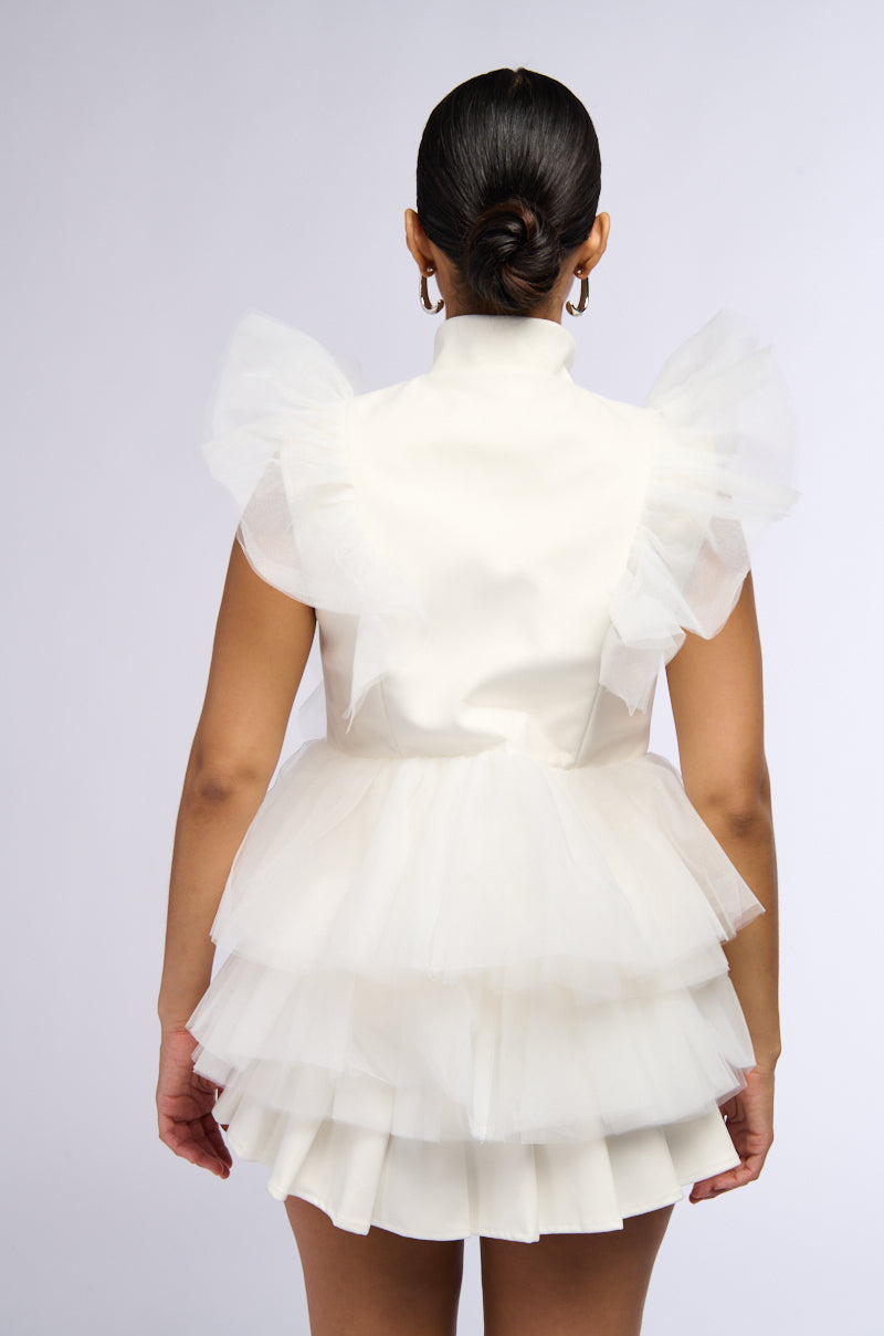 BUTTON DOWN RUFFLE TULLE VEST IN WHITE