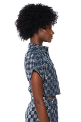 CHECK MATE SEQUIN BUTTON DOWN TOP