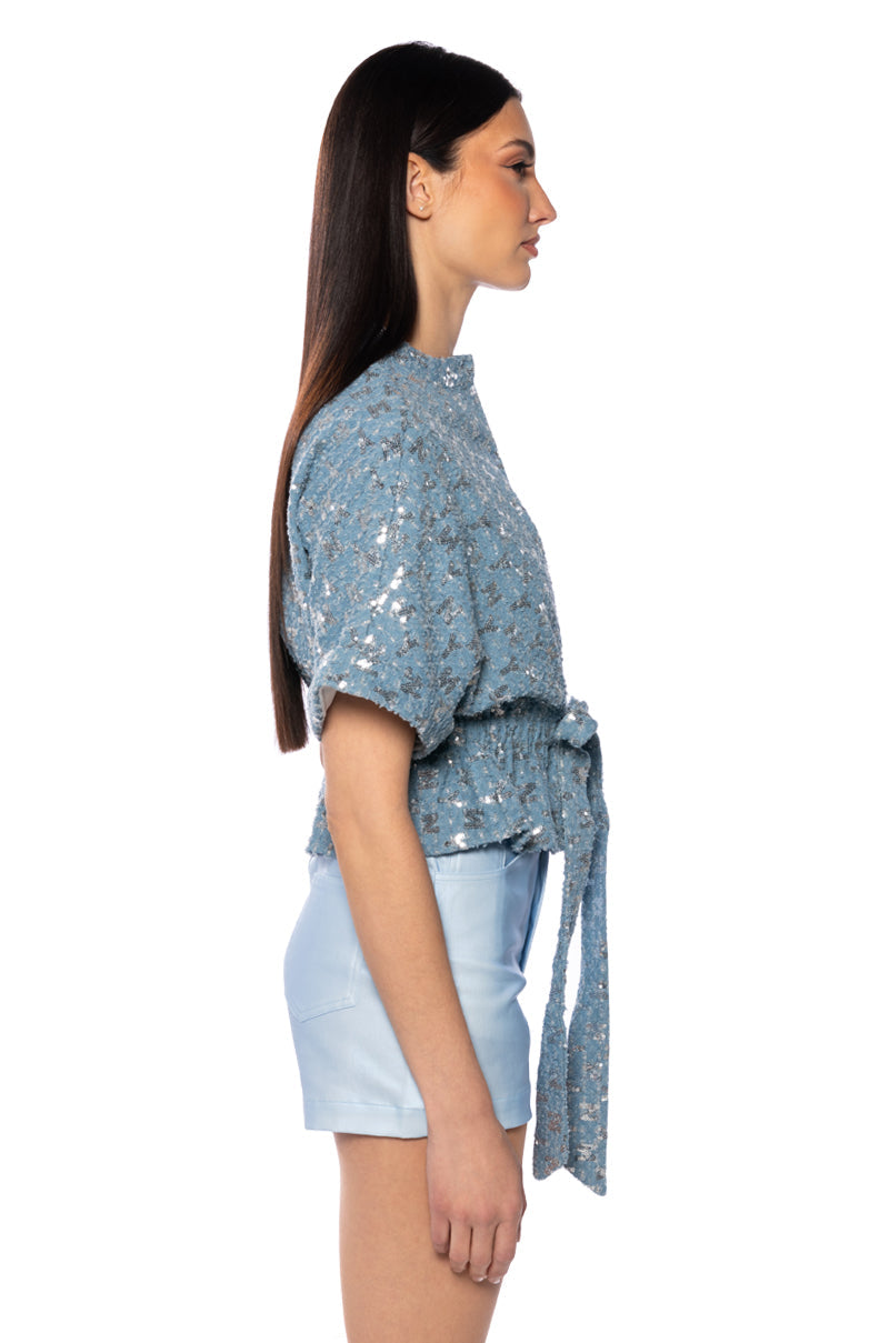 CHECKS NOT CHESS SEQUIN BELTED BLOUSE