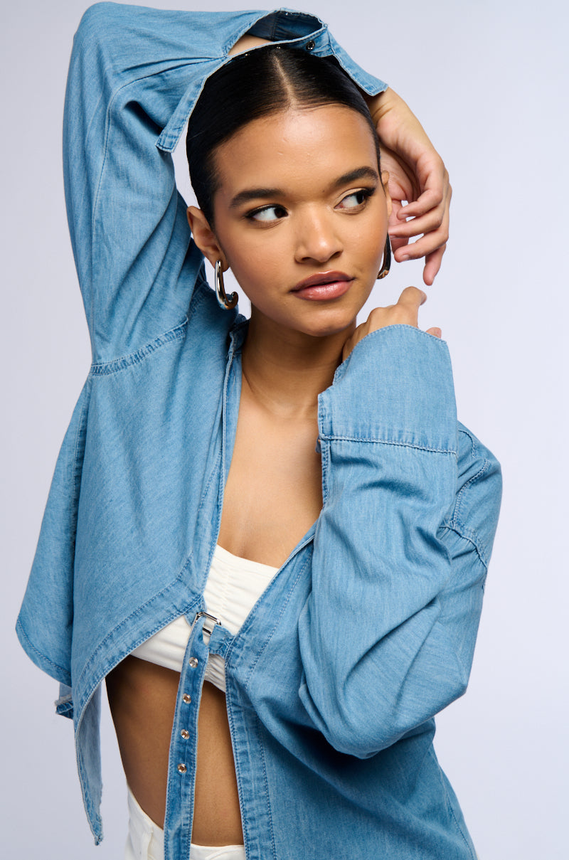 DAY TRIP BUCKLED FRONT DENIM BLOUSE