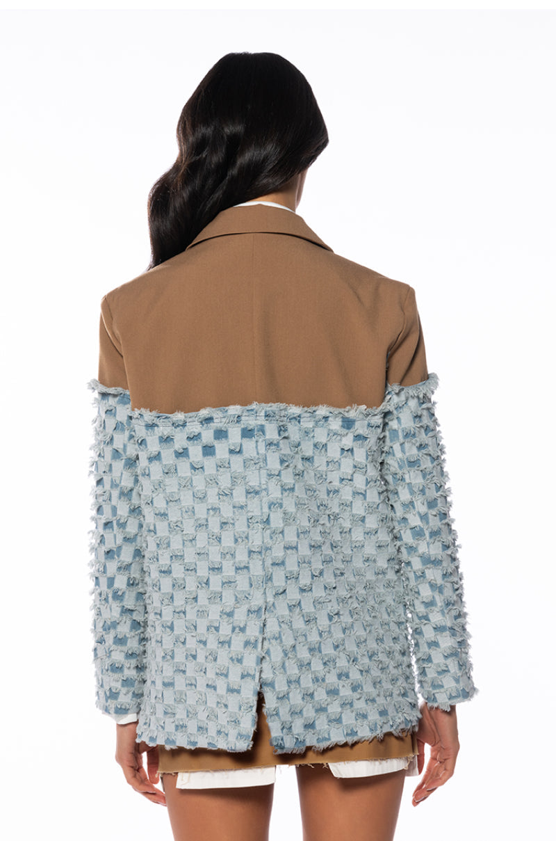 DON'T TRY ME DISTRESSED DENIM BLAZER