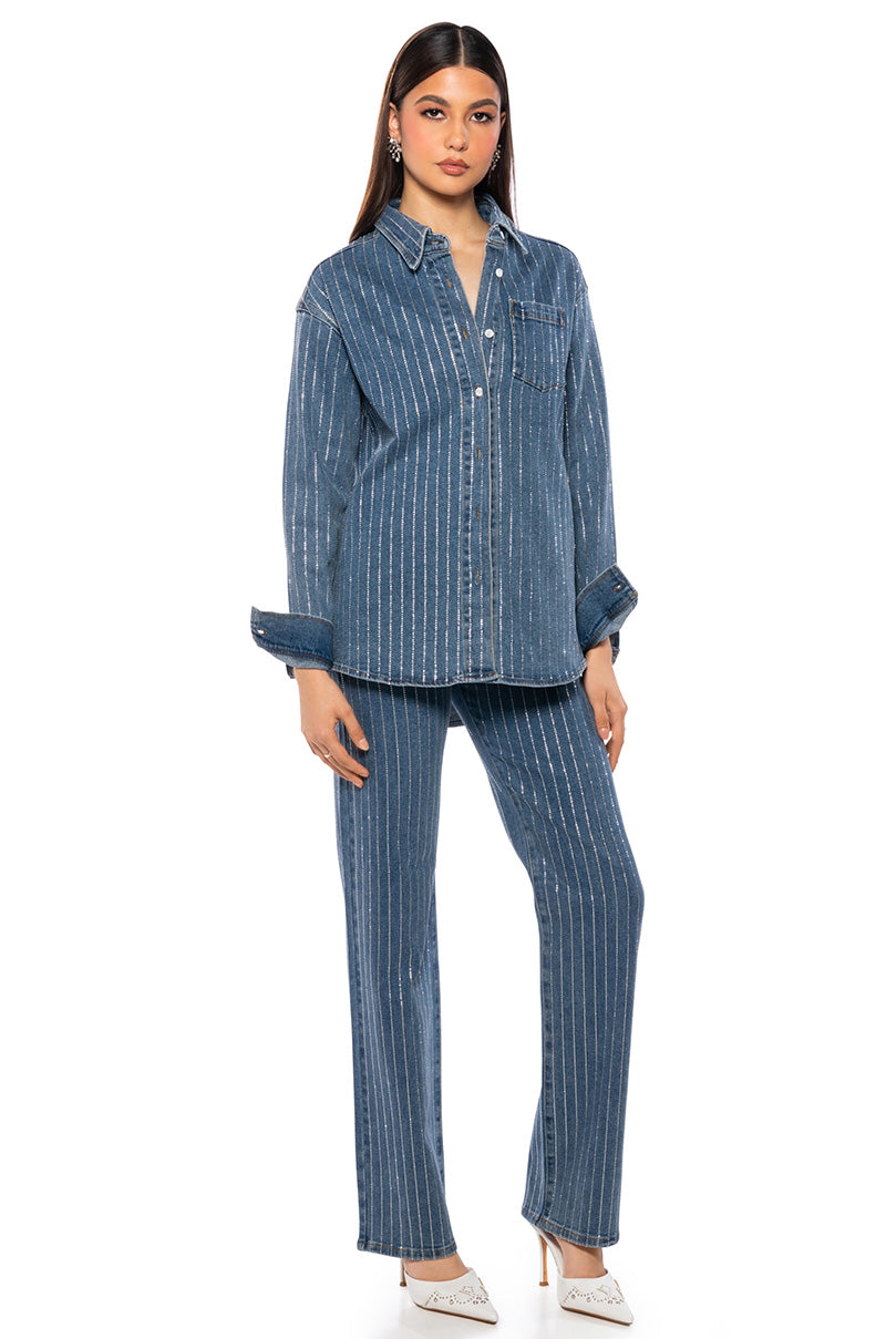 EFFORTLESS GLAM RHINESTONE STRIPE BUTTON DOWN SHIRT