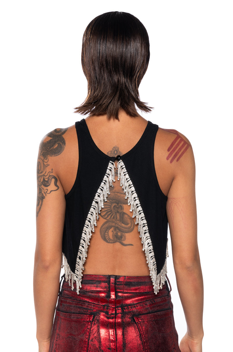 FEVER DREAM RHINESTONE FRINGE OPEN BACK TANK TOP