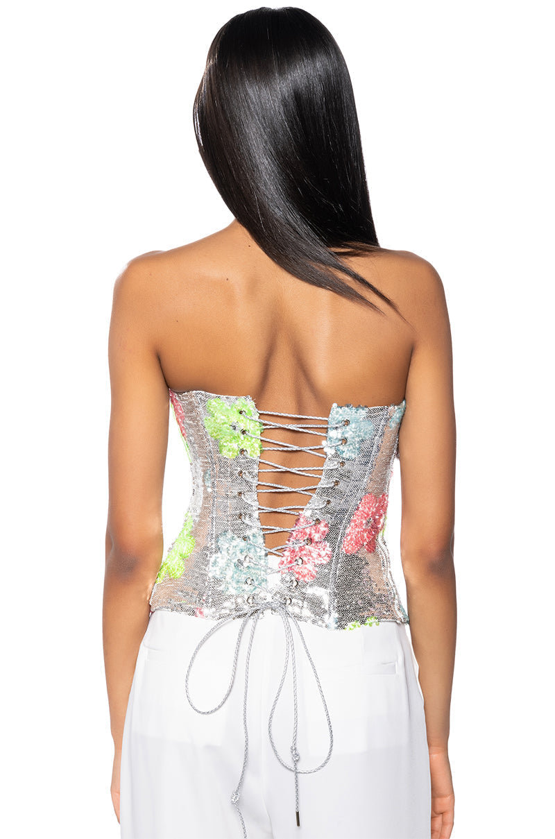 FLOWER POWER SEQUIN COVERED CORSET TOP