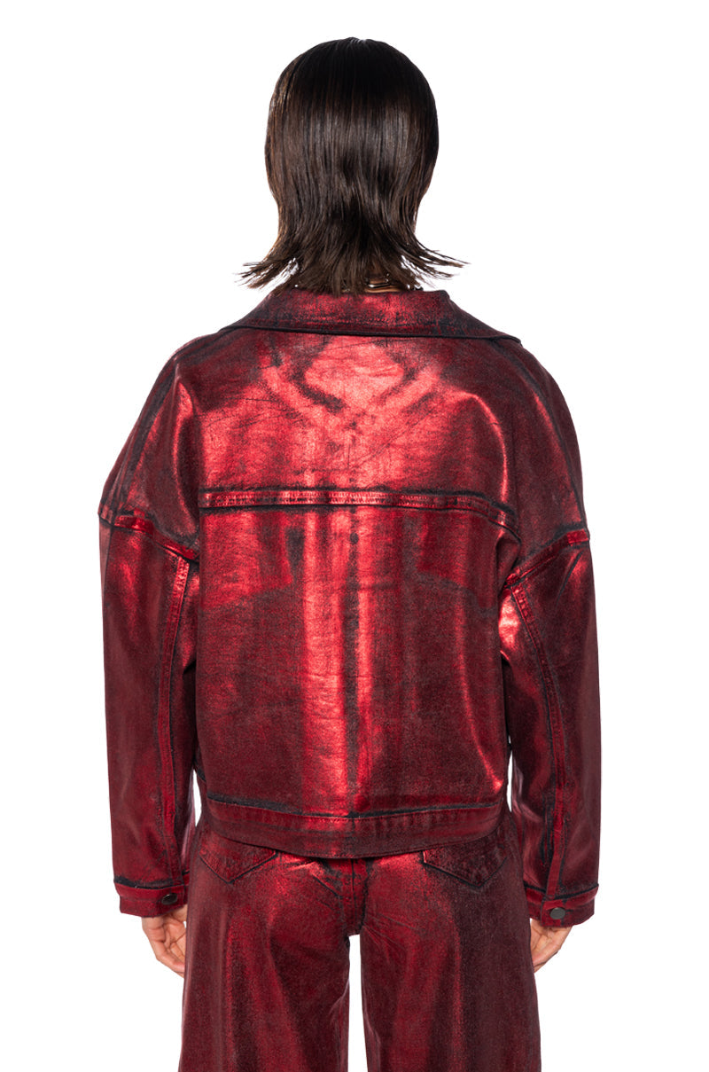 FULL RIDE METALLIC DENIM JACKET IN RED