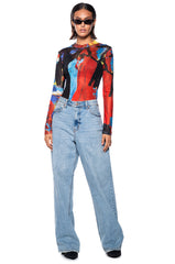 MODERN ART LONG SLEEVE MESH MOCK NECK BODYSUIT
