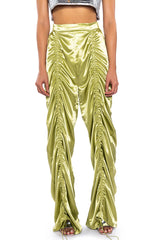NEVER REGULAR CINCHED SATIN HIGH RISE PANTS