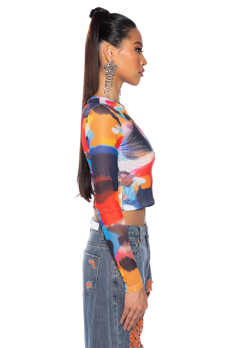 PARKER ABSTRACT LONG SLEEVE MESH PRINT TOP