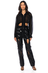 QUINN CUTOUT TEXTURED BUTTON DOWN BLOUSE