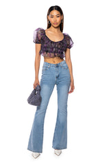 RAIN PRINTED ORGANZA RUCHED CROP BLOUSE