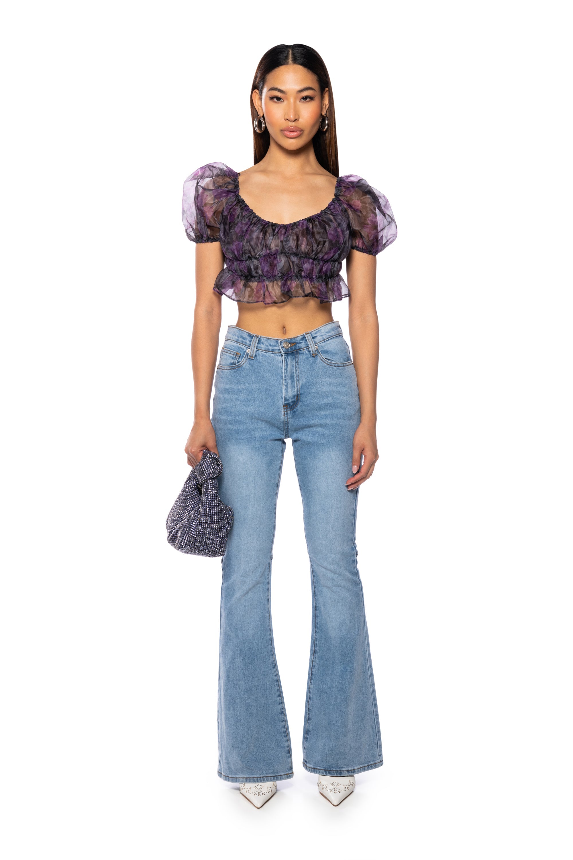 RAIN PRINTED ORGANZA RUCHED CROP BLOUSE